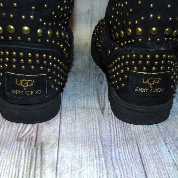 UGG X Jimmy Choo Mandah Black Suede/Studded/Sheepskin Boots Womens Size 7 - Picture 6 of 9